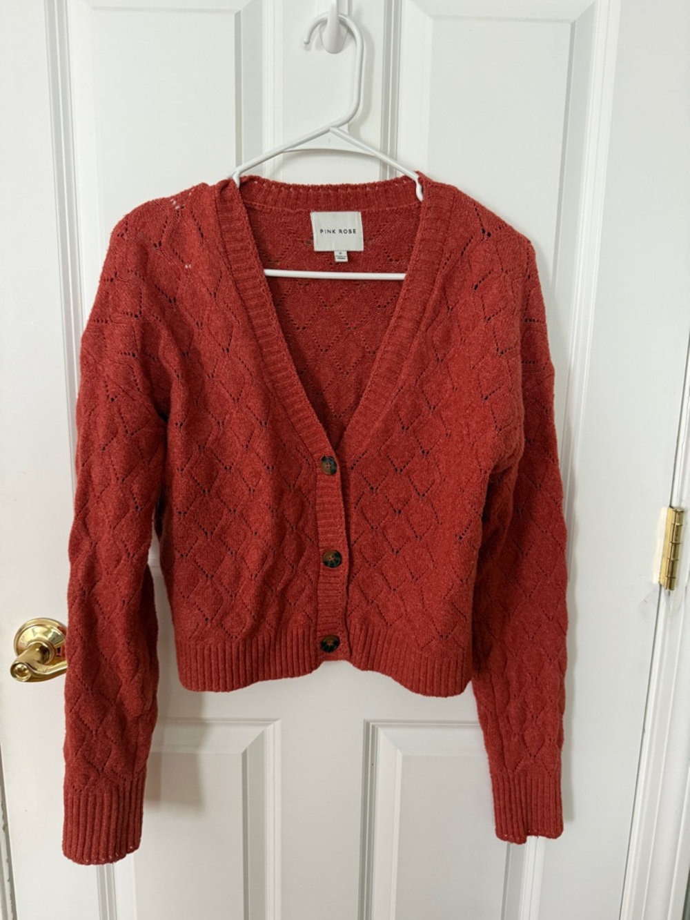 Pink Rose Burnt Orange Button-Up V-Neck Cable Cardigan